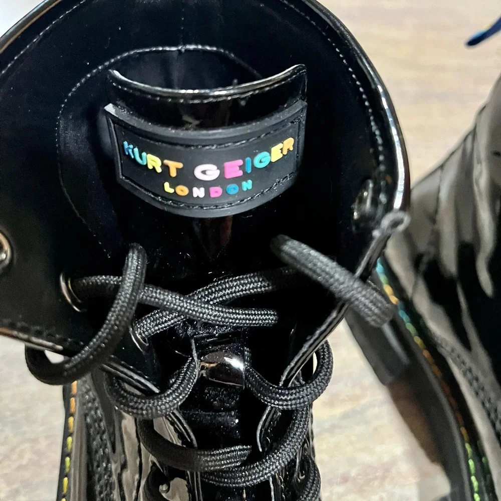 Kurt Geiger London Birdie black glossy combat boots with rainbow 🌈 stitching - Picture 9 of 16